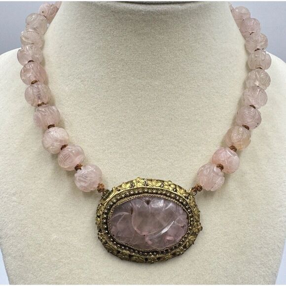 Vintage Antique Carved Rose Quartz Gold Tone Ornate Filigree Collar Necklace 14” - Picture 2 of 14